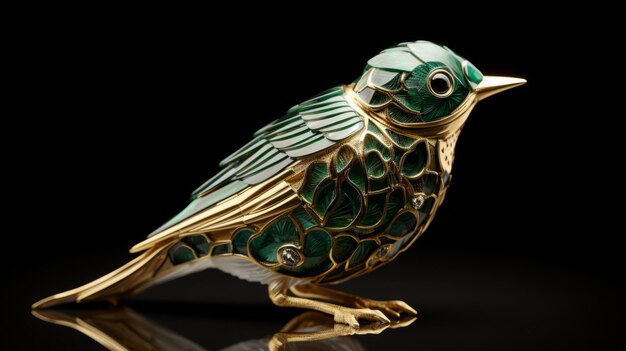 Exquisite Ceramic Bird With Golden Metal Carving And Emerald Inlays