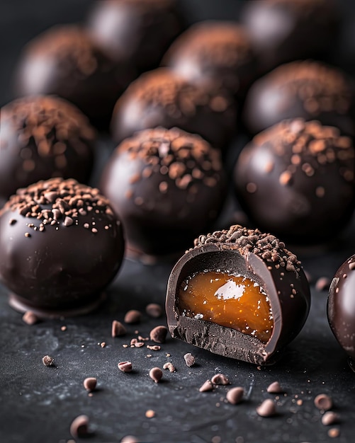 Exquisite chocolate truffles with a glossy finish and a flowing caramel center sprinkled with chocolate shavings