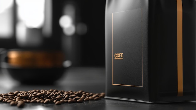 Photo exquisite close up of premium dark roast coffee packaging for an enticing visual experience