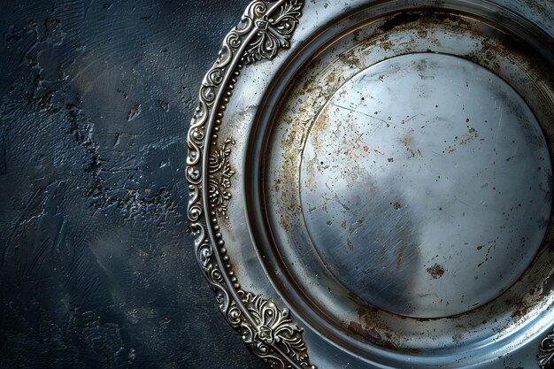 Photo exquisite a closeup photo of an antique silver plate with its edge slightly worn and the center po