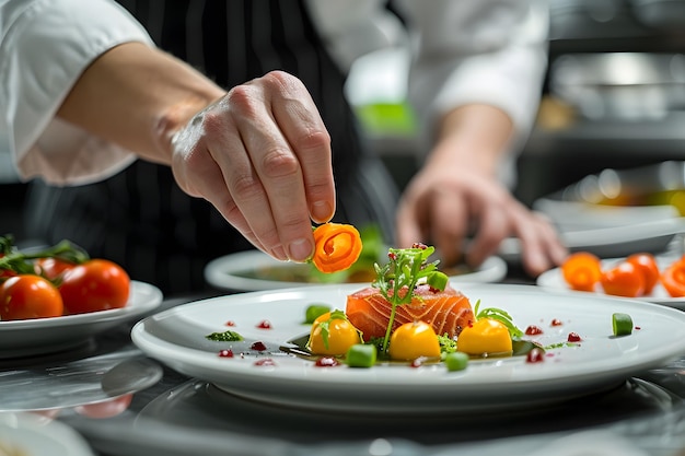 Photo exquisite culinary presentation a chef artfully garnishing a plate