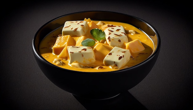 Exquisite Delicacy traditional Indian paneer butter masala in a bowl on black background