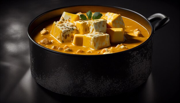 Exquisite Delicacy traditional Indian paneer butter masala in a bowl on black background