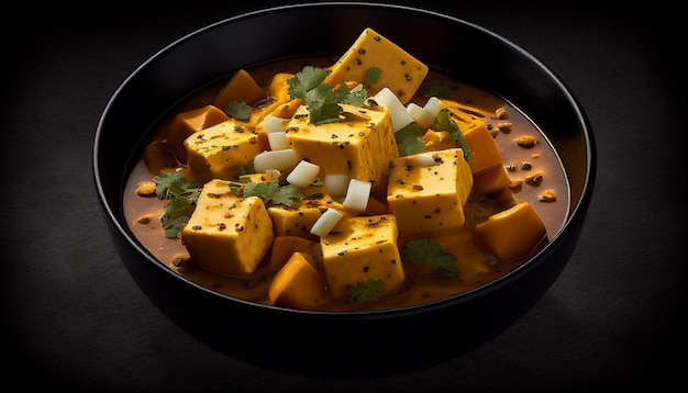 Exquisite Delicacy traditional Indian paneer butter masala in a bowl on black background