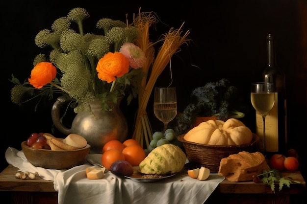 An exquisite depiction of a still life arrangement featuring various delectable foods Generative AI