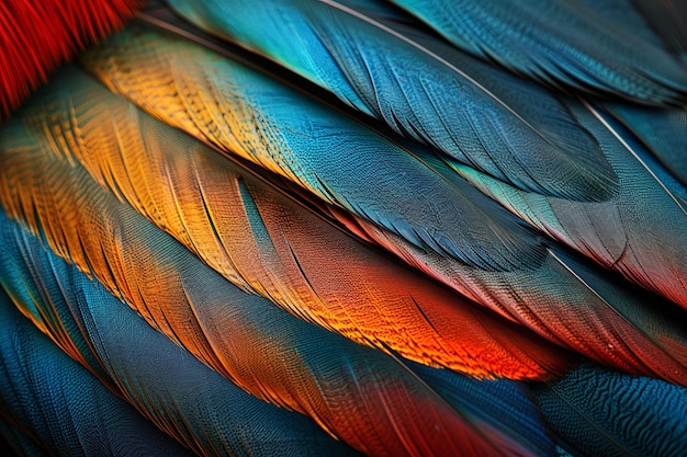 Exquisite detail of red and blue macaw feathers showcasing natural patterns and colors