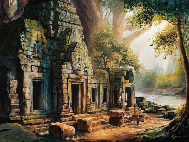 An exquisite and detailed painting of an ancient temple shrouded in mystery and history