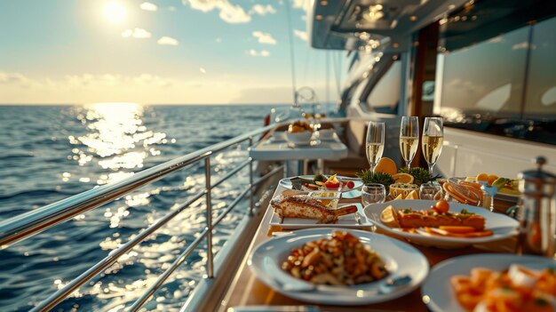 Photo an exquisite dining setup on a yacht with a sunset backdrop featuring seafood and champagne