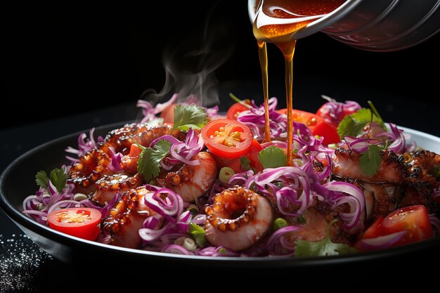 Exquisite Dish Highly Detailed Octopus Salad with Pouring Sauce