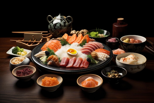 Exquisite display of Japanese traditional cuisine a culinary journey through an artful arrangement of dishes that represent the essence of Japan's gastronomic culture