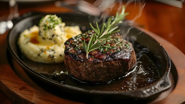 Exquisite FlameGrilled Steak with Rosemary Butter and Artful Plating in an Elegant Dining Setting