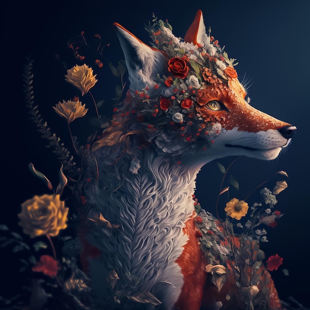 Exquisite Floral Fox Portrait in 8K Resolution AI Generated