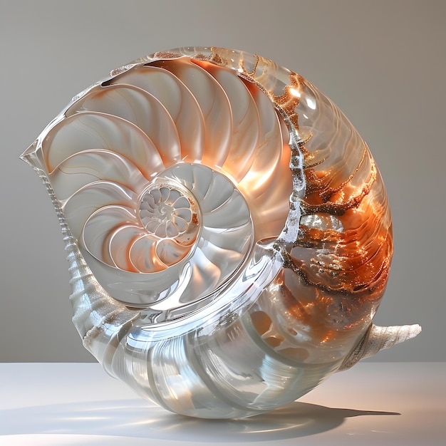 Photo exquisite glass nautilus shell sculpture reflecting light and color