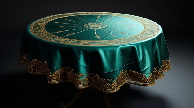 Photo exquisite golden metal carved tablecloth with emerald inlays