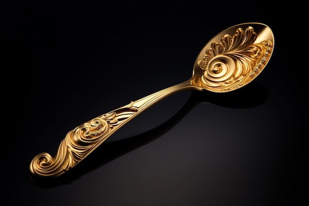 Photo exquisite golden spoon captured against a dramatic dark backdrop with ornate detailing