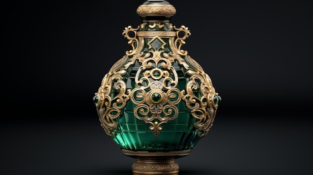 Photo exquisite green and gold bottle with intricate metal carving and emerald inlays