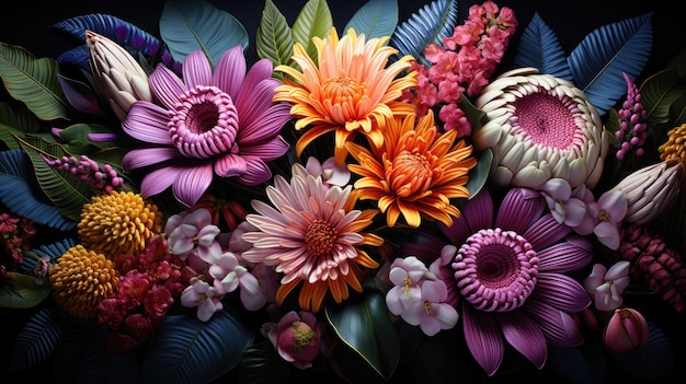 Exquisite handcrafted embroidery of vibrant flowers and leaves creating a stunning and colorful patt