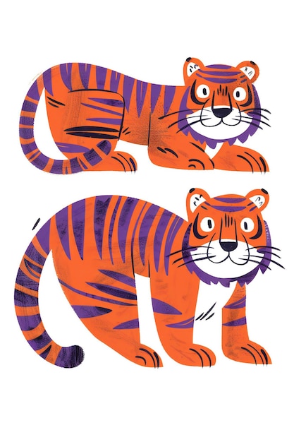 Photo exquisite highlighting red tiger in two poses with purple stripes flat illustrations with simple li