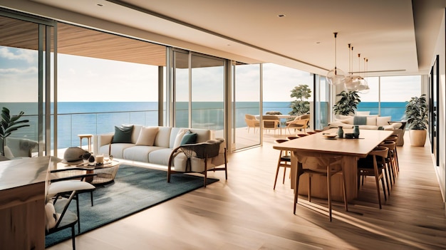 An exquisite image of a modern villa highlighting its spacious openconcept design and breathtaking ocean views for an unforgettable summer experience