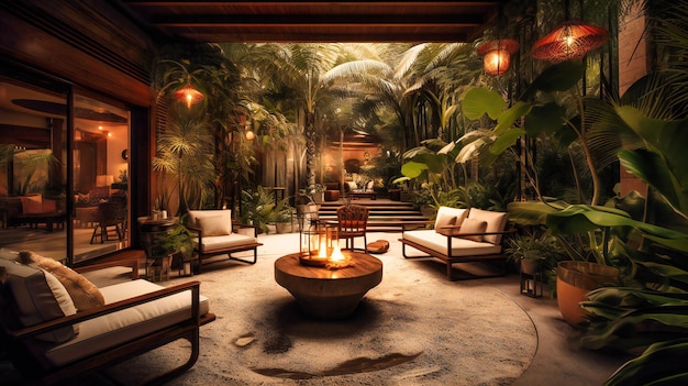 An exquisite image of a stylish outdoor lounge providing an inviting and luxurious space for relaxation in a tropical villa setting