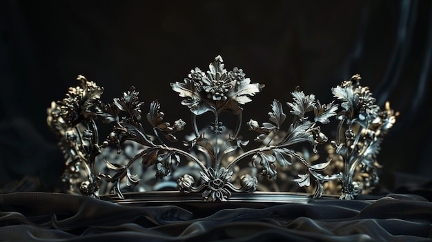 Photo exquisite intricate floral and vine motif silver crown on black background