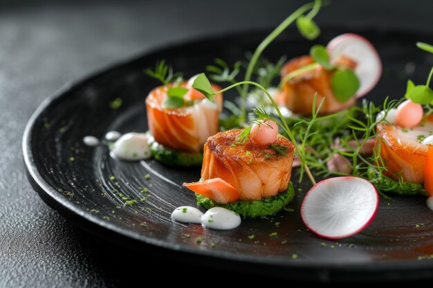 Exquisite Michelin Star Cuisine Showcased On Sleek Black Background Plate