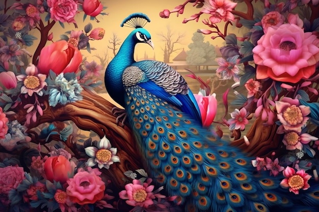 Exquisite oriental pattern featuring peacocks and flowers Generative Ai