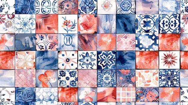 Photo exquisite patchwork design with handpainted assorted tiles in seamless pattern