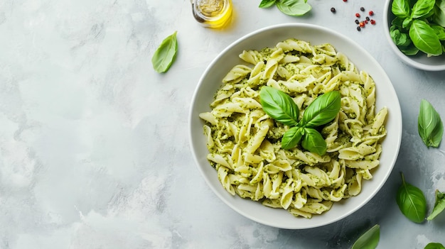 Photo exquisite pesto pasta with fresh basil on light green background