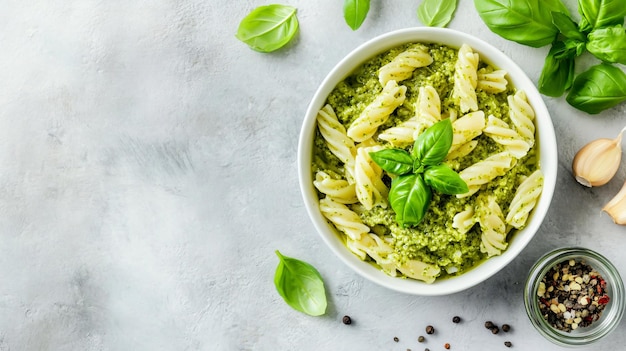 Photo exquisite pesto pasta with fresh basil on light green background