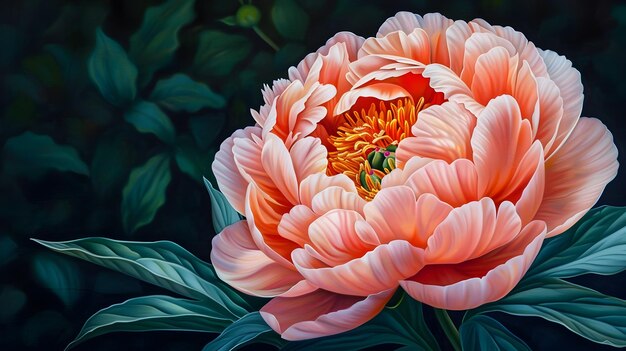 Photo exquisite pink peony acrylic painting with lush layered petals and verdant foliage