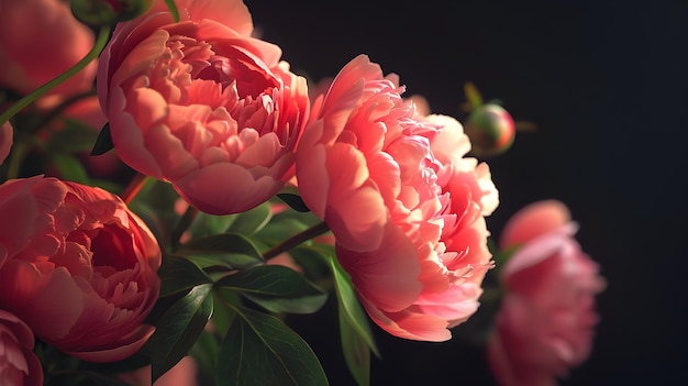 Exquisite Pink Peony Flowers in Flawless Reflection on Sleek Black Background