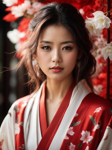 Exquisite Portrait of a Graceful Japanese Woman Elegantly Adorned in a Stunning Dress