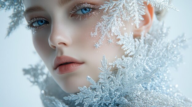 Photo an exquisite portrait of a model with intricate icethemed makeup and sparkling frost elements capturing a winter wonderland vibe