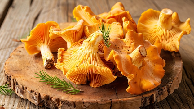 Exquisite Presentation of Fresh Chanterelle Mushrooms on Wooden Background