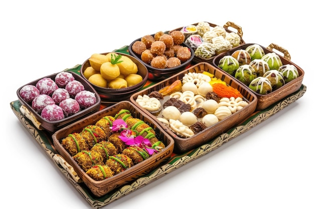 Exquisite Presentation of Traditional Indian Sweets Mithai Laddoos and Barfis on Ornate Trays