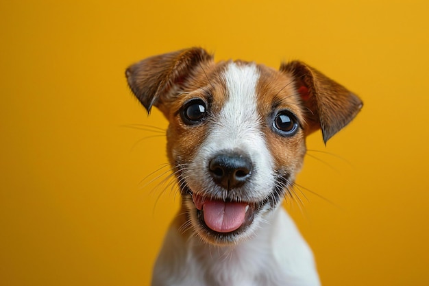 Exquisite presenting a cute jack russell terrier dog licking its nose on a yellow background profes