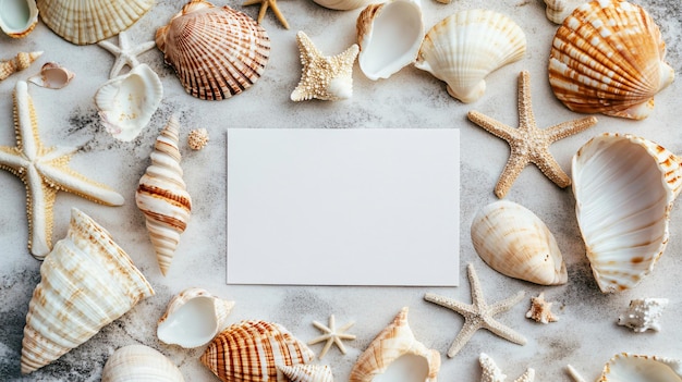 Photo exquisite sea shells and elegant blank card flat lay