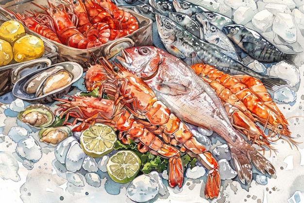 Exquisite seafood medley A captivating painting showcasing shrimp lobster and fish in harmonious arrangement