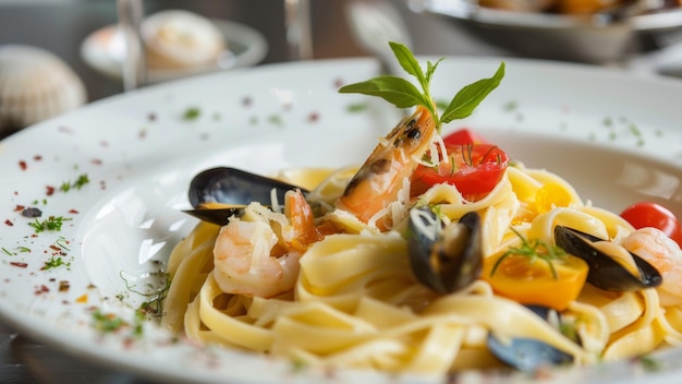 Exquisite seafood pasta on a pristine white plate garnished with herbs and elegance