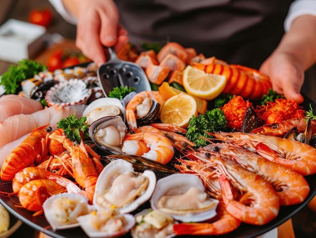 Exquisite Seafood Platter Served by Waiter in a Restaurant