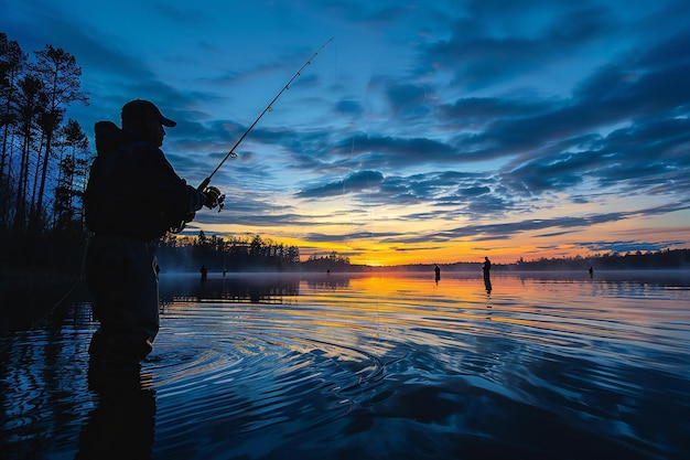 Exquisite silhouette of adult man fishing casting rod into calm lake waters at sunset serene natu