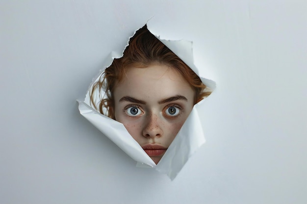 Exquisite snapshot presenting young woman peering through a hole in a white paper isolated on a whit