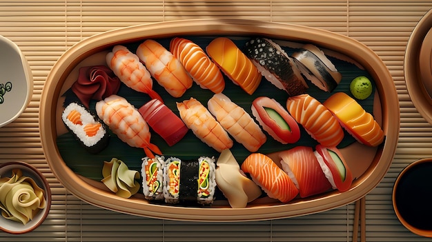 Exquisite sushi platter with fresh sashimi nigiri and maki rolls garnished with wasabi and ginger