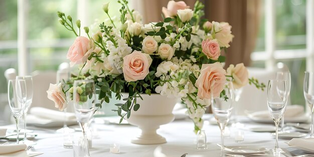 Photo exquisite table arrangement adorned with lovely flowers for event or wedding reception concept wedding decor floral arrangements event styling table settings reception design