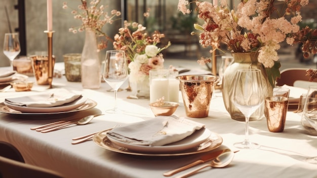 Exquisite table settings with floral arrangements crystal glasses and gold accents set in natural light