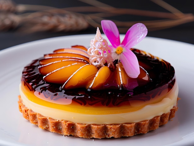 Photo exquisite tart with exotic flavors and elegant sugar sculpture generative ai