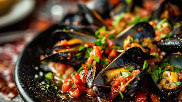 Photo exquisite traditional mediterranean grilled mussels elegantly served on a sleek black plate