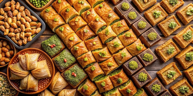 Exquisite Traditional Turkish Arabic Sweets Baklava Assortment with Pistachio Top View Copy Space