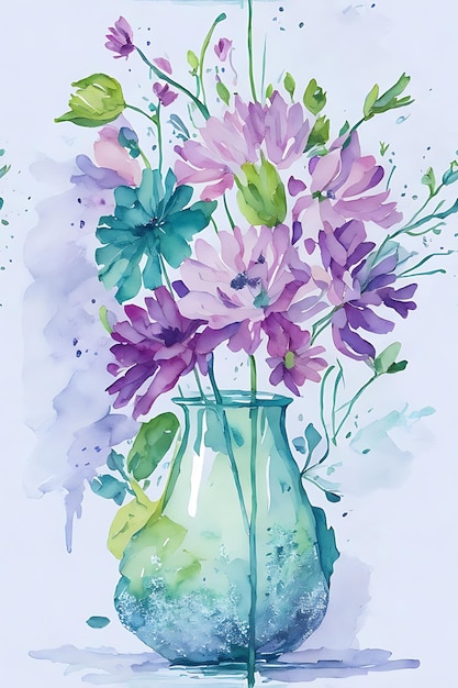 Exquisite Vase of Watercolor Flowers on White Background Scattered and Shadowed